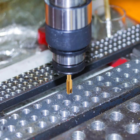 Machine using uxcell 6pcs 1/4-20 UNC B2 Spiral Point Thread Tap, titanium coated 6542 high speed steel, for metal threading.