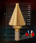 Titanium Coated Step Drill Bit Set with 10 Sizes from Quarter Inch to One and Three Eighths Inches for Sheet Metal, shown labeled with size measurements.