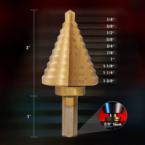 Titanium Coated Step Drill Bit Set with 10 Sizes from Quarter Inch to One and Three Eighths Inches for Sheet Metal, shown labeled with size measurements.