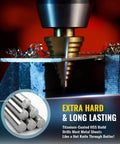 Titanium Coated Step Drill Bit Set With 10 Sizes From Quarter Inch To One And Three Eighths Inches For Sheet Metal in use on metal