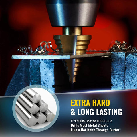 Titanium Coated Step Drill Bit Set With 10 Sizes From Quarter Inch To One And Three Eighths Inches For Sheet Metal in use on metal