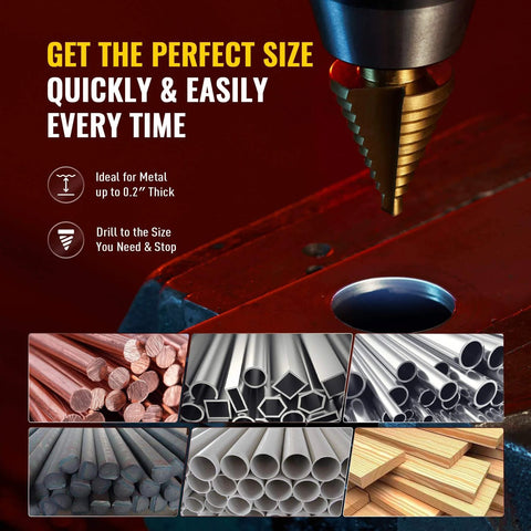 Titanium Coated Step Drill Bit Set With 10 Sizes From Quarter Inch To One And Three Eighths Inches For Sheet Metal in use
