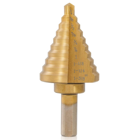 Single titanium coated step drill bit with 10 sizes from 1/4 to 1-3/8 inches, ideal for drilling sheet metal.