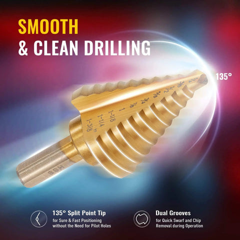 Close-up of titanium step drill bit with 10 sizes, showing 135-degree split point tip for smooth drilling.