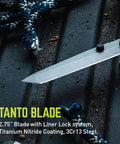 TRUE Titanium Block Multitool Tanto Blade on metal surface with rope