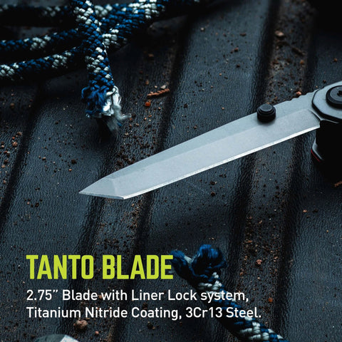 TRUE Titanium Block Multitool Tanto Blade on metal surface with rope