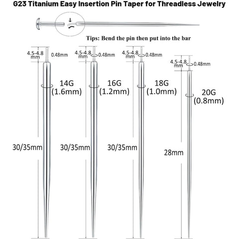 Diagram of G23 Titanium threadless piercing insertion pins, showing 16G and 18G sizes, with measurements for jewelry changes.
