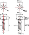Technical diagram of Wanyifa Titanium Button Head Torx M6 screw dimensions, showing measurements and design details.