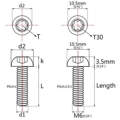 Technical diagram of Wanyifa Titanium Button Head Torx M6 screw dimensions, showing measurements and design details.