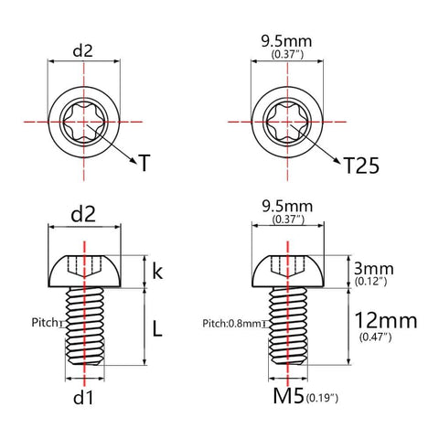 Technical diagram of ✝️ Wanyifa 4Pcs Titanium M5 x 12mm Holder Torx Head Bolt Screw for Bicycle Water Bottle Cage dimensions and specifications