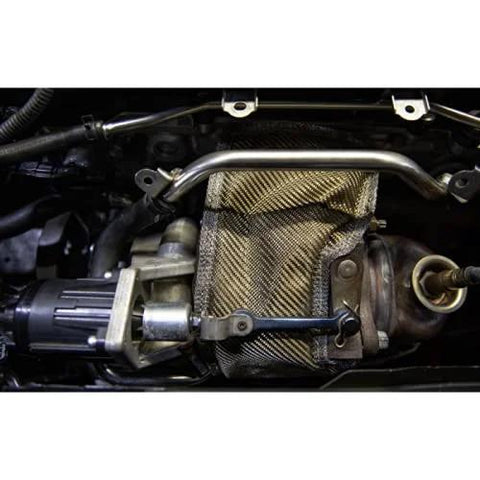 Installed titanium turbo blanket for Honda Civic Type R 2017+, direct fit FK2 FK8, insulates turbo hot side, 2300°F rating