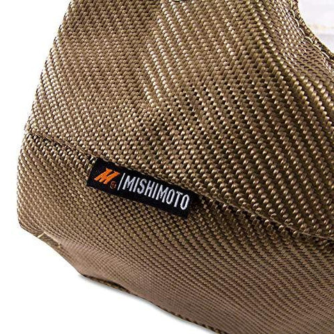 Close-up of Titanium Turbo Blanket For T25 And T28 Turbos With Volcanic Lava Rock Outer Layer, showing texture and logo tag.