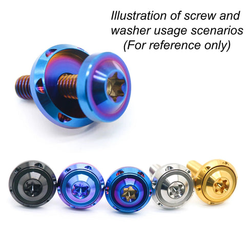 UFO Head Titanium Washers Set M4 To M10 Burnt Blue Belleville CNC Machined, colorful washers displayed with reference screw scenario.