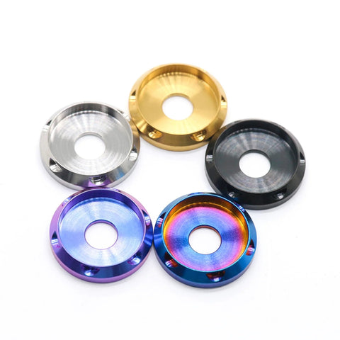 UFO Head Titanium Washers Set M4 To M10 Burnt Blue Belleville CNC Machined 4 Pack in multiple colors including blue and gold.