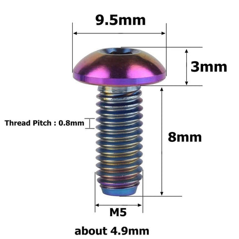 Colorful VAMUOEFL Titanium Bolt Button Head M5x8mm for Bicycle Water Bottle Cage with dimensions and thread pitch displayed.