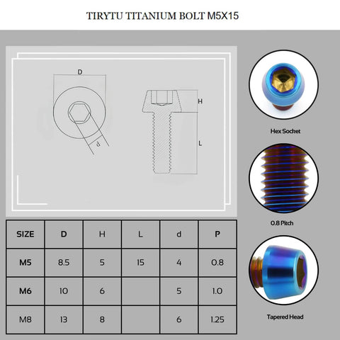 Diagram and close-up views of ✝️ TIRYTU Titanium Bolts M5x15, showing hex socket, tapered head, and measurements for corrosion resistance.