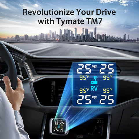 TM7 Wireless Tire Pressure Monitoring System With 4 External Sensors And 6 Alarm Modes colorful display in vehicle dashboard