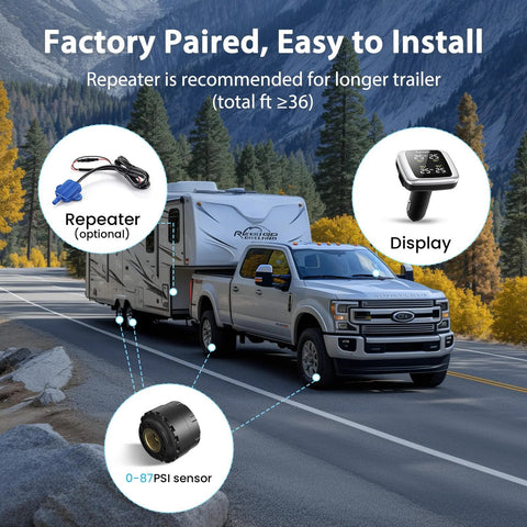 RV with pickup truck featuring TM7 Wireless Tire Pressure Monitoring System With 4 External Sensors And 6 Alarm Modes