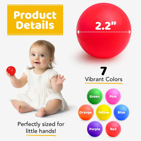 Toddler holding red ball, 2.2" diameter, part of 200 Ball Pit Balls for Toddlers with Storage Bag - 7 Bright Colors, play set.