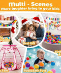 Multi-scene uses of ball pit balls for toddlers including party decoration, birthday party, play tent, and pool toys.