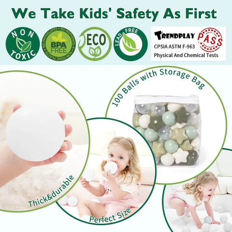 Ball Pit Balls 100 for Toddlers - Green Ball Pit Ball Shapes for Boys Girls Fun, including storage bag and toddler playing.