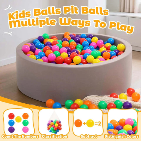 Ball Pit Balls for Toddlers: 100 Colorful Non-Toxic Balls – BPA-Free, Phthalate-Free, Crush-Resistant Plastic in a gray ball pit