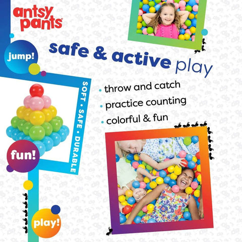 Collage of children playing with 100 Ball Pit Balls, Ball Pit for Toddlers 1-3, featuring 5 vibrant colors and sensory fun illustrations.