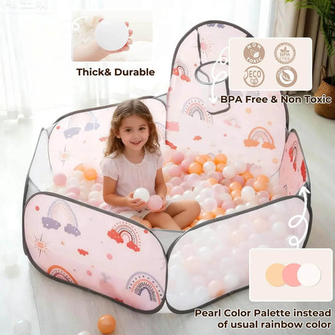 Child playing in ball pool with Plastic Balls for Ball Pits - Pack of 100 Hollow Balls- Safe and Exciting Playtime, Pink, Gold, Pearl White