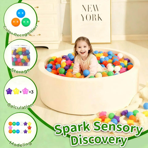 Child playing in ball pit with ball pit balls for toddlers - 50 count star balls different shapes for festival indoor outdoor, party decoration for babies kids (rainbow)