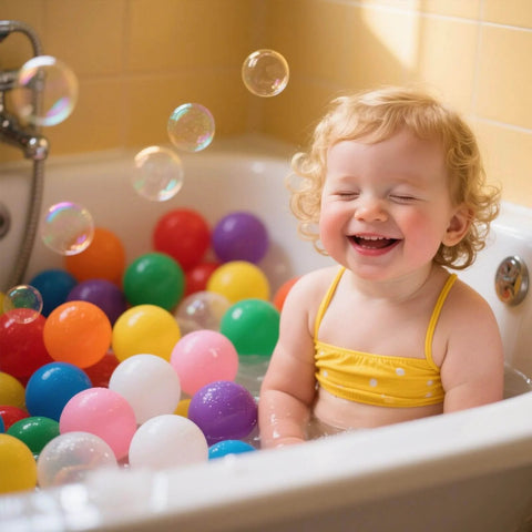 Toddler smiling in bath with Ball Pit Balls for Toddles Kids Plastic Ballpits Accessories Crush Proof Durable Fun Shape Play Baby Bath Toys,2.15inch 100count Mix Color