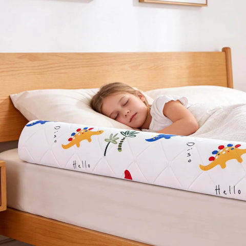 Child sleeping with a 2 Pack Premium Foam Toddler Bed Bumpers With Non Slip Rails For Twin Queen And King Beds Cozy Odor Free Comfort Machine Washable Covers Easy Care 52 By 7 By 5 Inches Safe Sleep Aid For Peaceful Nights