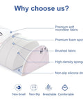 Cross-section view of 2 Pack Premium Foam Toddler Bed Bumpers with labels for microfiber fabric, foam, brushed fabric, and non-slip dots.