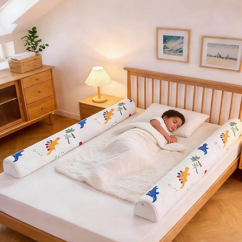 Child sleeping in bed with 2 Pack Premium Foam Toddler Bed Bumpers With Non Slip Rails For Twin Queen And King Beds Cozy Odor Free Comfort Machine Washable Covers Easy Care 52 By 7 By 5 Inches Safe Sleep Aid For Peaceful Nights installed