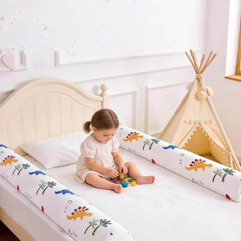 Toddler playing on bed with 2 Pack Premium Foam Toddler Bed Bumpers With Non Slip Rails For Twin Queen And King Beds Cozy Odor Free Comfort