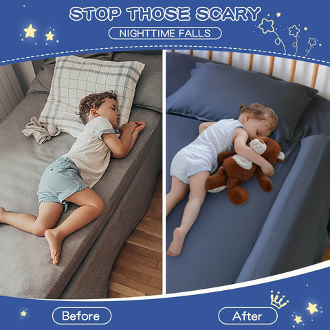 Memory Foam Toddler Bed Rail Bumper For All Bed Sizes With Non Slip Machine Washable Cover Safe Anti Fall Guard Rail Queen King Twin Full Size Bed Guard Protection For Child Sleep installed on bed, toddler sleeping safely.