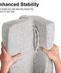 Hands holding Toddler Bed Rail Bumper Protector With Premium Memory Foam, soft gray cushion, and enhanced stability rope.