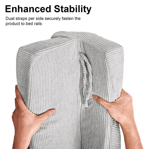 Hands holding Toddler Bed Rail Bumper Protector With Premium Memory Foam, soft gray cushion, and enhanced stability rope.