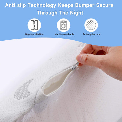 Close-up of zipper on 52 Inch Toddler Bed Rail Bumper with anti-slip, machine washable cover, showcasing easy zip removal feature.
