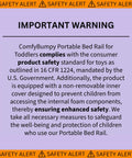 Safety warning text for ComfyBumpy Portable Bed Rail for Toddlers with compliance and enhanced safety details.