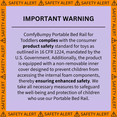 Safety warning text for ComfyBumpy Portable Bed Rail for Toddlers with compliance and enhanced safety details.
