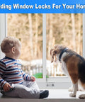 Child and dog by window with Two Pack Sliding Window Locks With Keyed Security For Up And Down And Horizontal Sliding Windows