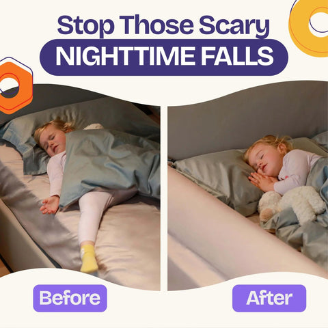 52 Inch By 5 Inch Foam Bed Rail For Toddlers With Non Slip Stability And Convex Design For Safer Sleep Keeps Your Lil One Cozy And Secure Fits Twin Full Queen King Mattress Sizes And Easier Bed Time with a child sleeping safely.