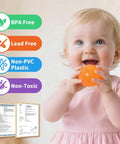 Toddler holding orange ball with BPA-free, lead-free, non-toxic, and non-PVC plastic labels; Ball Pit Balls for Toddlers focus.