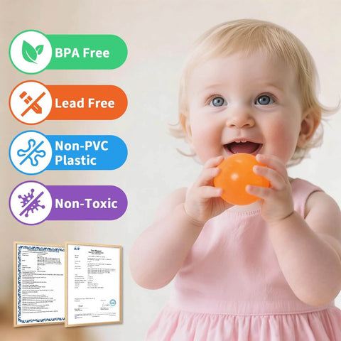 Toddler holding orange ball with BPA-free, lead-free, non-toxic, and non-PVC plastic labels; Ball Pit Balls for Toddlers focus.