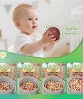 Baby holding plastic ball with size overlay; various ball count options for toddler pools and parties.