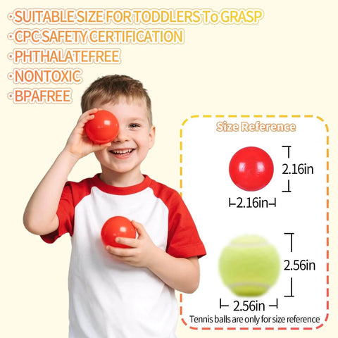 Child holding red ball pit ball with size comparison; Ball Pit Balls Plastic Balls for Ball Pit BPA Free Plastic Balls Crush and Smash Proof Ball 100pcs 2.2" Set for Toddlers for Play Tent Tunnel (7Colors).