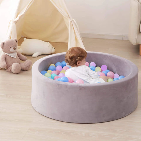 Baby in gray ball pit with 200 Count Plastic Soft Plastic Ball Pits Balls Colorful Play Pits Balls for Pet Dogs Ball Pits 2.2" Large