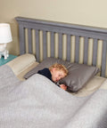 2 Pack Inflatable Bed Rail For Toddlers on queen bed with toddler sleeping, showing portable blow up bed bumper with cover