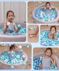 Child playing in ball pit with Ball Pit Balls for Toddlers, BPA Free Crush Proof Plastic Toy Balls in white, green, and blue.