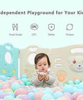 Toddler playing with colorful ball pit balls in indoor play area, featuring "Independent Playground for Your Kids" text above.